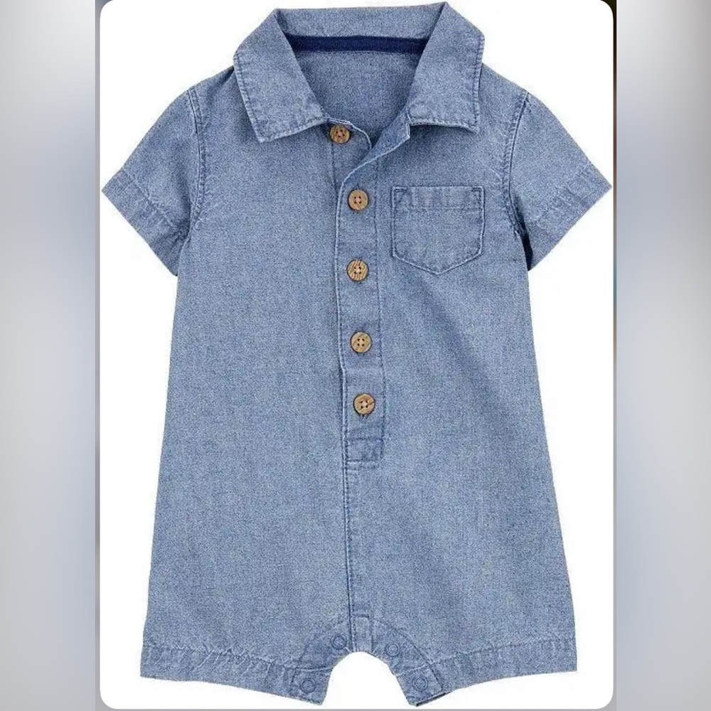 Carter's Light Blue Button Down Romper 12 Month